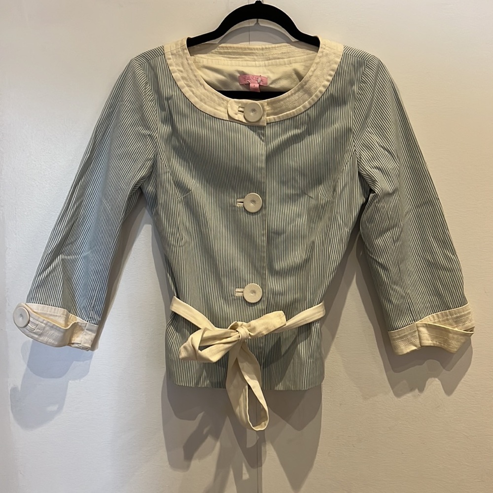 Lilly Pulitzer Blue and White Stripped Button Jacket with Tie Sz 4